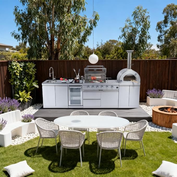 125-Inch 108000 BTU Double Stainless Steel Gas Outdoor Kitchen Bar, BBQ Island Grill with Pizza Oven, Wine Cooler, Compact Refrigerator, Rotisserie & Granite Countertops, Sliver