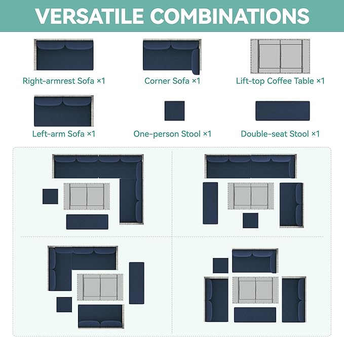 YITAHOME L-Shaped Patio Furniture Set, All Weather Wicker Outdoor Sectional Sofa Conversation Set with Dining Table and Ottoman, Navy Blue