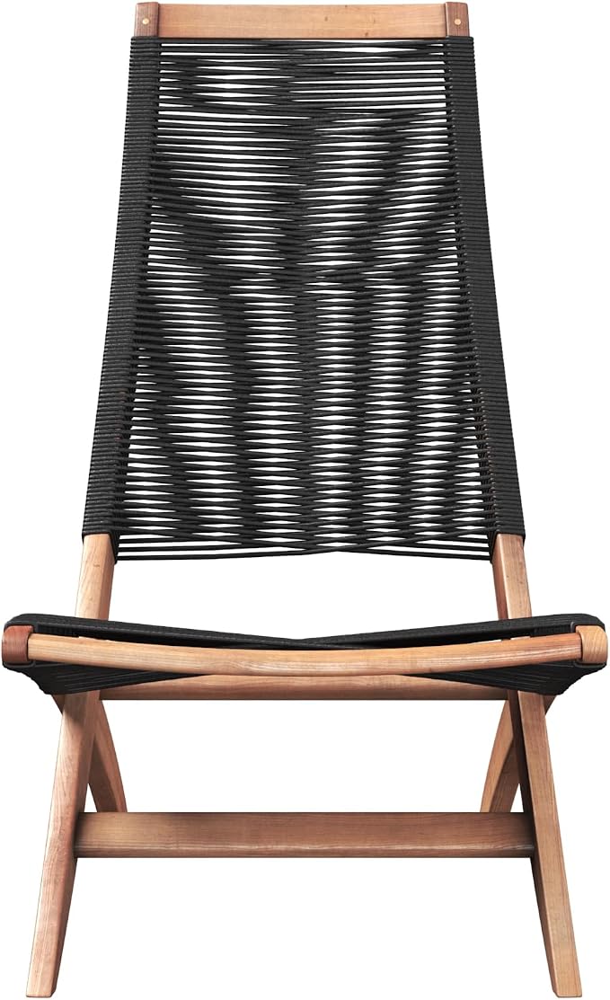 Lisa Mid Century Acacia Outdoor Lounge Chair, Black Cording | Quick Dry Cording Suspension Seat and Back, 330 lb Capacity, Low 13.5 in Seat, for Patio, Balcony, Poolside 68095