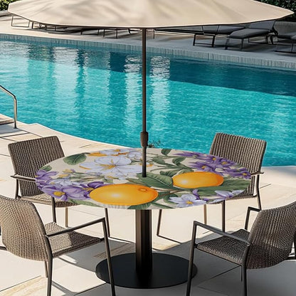 AUUXVA Round Outdoor Tablecloth with Umbrella Hole - Waterproof Patio Table Cover with Zipper Elastic Table Cloth Fits 45"-56" Tables for Party Cafe Garden Decor(Fruits Spring Flower)