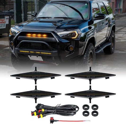LED Grill Led Lights Compatible with 4Runner 2014-2024 TRD Pro 2014-2019 SR5, Premium, Limited, TRD Off-Road 4 PCS Smoke Lens Amber Lamps