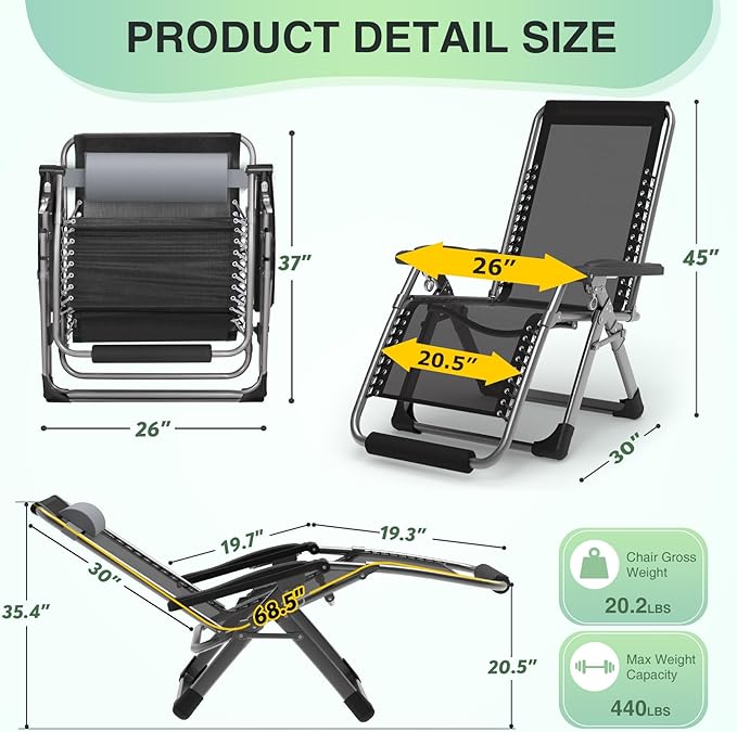 Suteck Zero Gravity Chair, Reclining Camping Lounge Chairs, Patio Recliner | Removable Cushion & Headrest, Upgraded Lock, Large Cup Holder and Footrest, Foldable for Indoor Outdoor