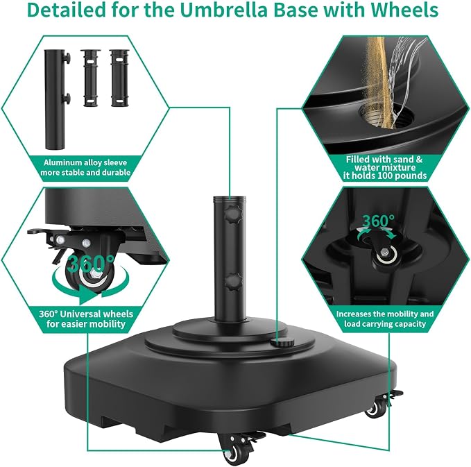 QZER Large Fillable Umbrella Base with 5 Wheels, Outdoor Umbrella Stand | 145lb Heavy Duty & Anti-Rust Patio Umbrella Base for Patio, Deck, Pool, Lawn, Fits Most Sized Umbrellas