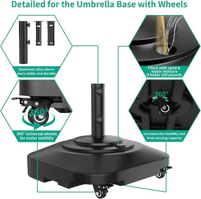 QZER Large Fillable Umbrella Base with 5 Wheels, Outdoor Umbrella Stand | 145lb Heavy Duty & Anti-Rust Patio Umbrella Base for Patio, Deck, Pool, Lawn, Fits Most Sized Umbrellas