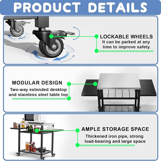 Three-Shelf Grill Cart, Stainless Steel & Black, Outdoor Grill Table with Pizza Oven & BBQ Grill Stand