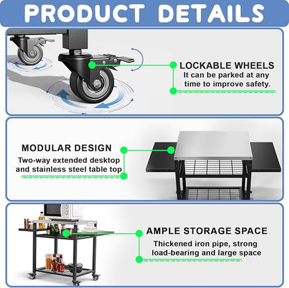 Three-Shelf Grill Cart, Stainless Steel & Black, Outdoor Grill Table with Pizza Oven & BBQ Grill Stand