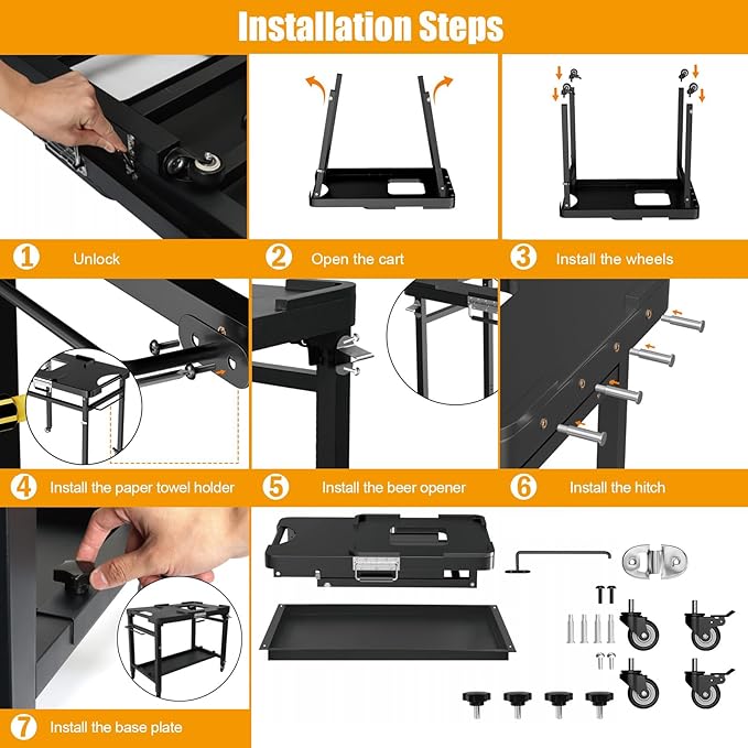 SafBbcue Grill Table for Ninja, Grill Stand for Ninja Woodfire OG700 OG800 OG900 Series & OO101, Portable Outdoor Grill Stand, Foldable Cart Table with Wheels for Ninja, Double-shelf, Hooks