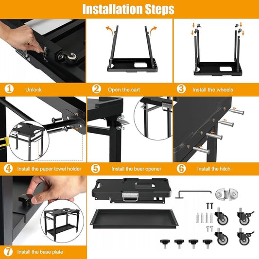SafBbcue Grill Table for Ninja, Grill Stand for Ninja Woodfire OG700 OG800 OG900 Series & OO101, Portable Outdoor Grill Stand, Foldable Cart Table with Wheels for Ninja, Double-shelf, Hooks