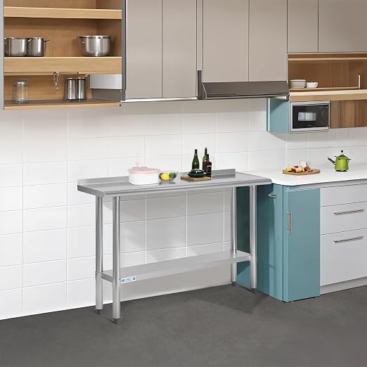 Hally Stainless Steel Table 18 x 48 in, Kitchen Prep Work Table, Backsplash | Expands room for chopping, plating and appliance setup; lower shelf holds supplies close, while rear rim limits splashes too.