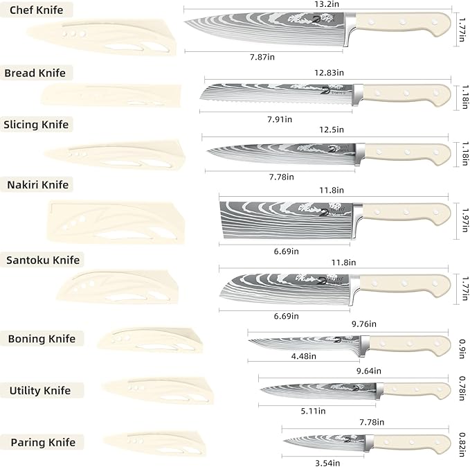 Dfito Chef Knife Set with Roll Bag, 9PCS Professional Knife Set with Sharpener, High Carbon Stainless Steel Kitchen Knife Set with Anti-Slip Ergonomic Handle for Camping, Travel, BBQ, RV or Gift Beige