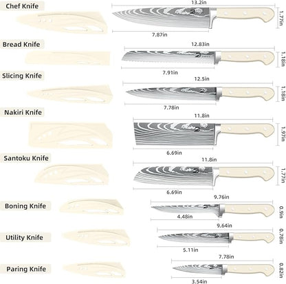 Dfito Chef Knife Set with Roll Bag, 9PCS Professional Knife Set with Sharpener, High Carbon Stainless Steel Kitchen Knife Set with Anti-Slip Ergonomic Handle for Camping, Travel, BBQ, RV or Gift Beige