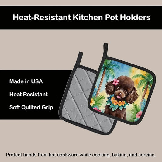 Caroline's Treasures Chocolate Poodle Luau Pair of Pot Holders Kitchen Heat Resistant Pot Holders Sets Oven Hot Pads for Cooking Baking BBQ, 7 1/2 x 7 1/2