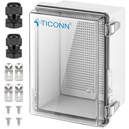 TICONN 2PK Outdoor Electrical Box Waterproof, Junction Box IP67 ABS Plastic Enclosure with Hinged Cover with Mounting Plate, Wall Brackets, Cable Glands (Clear, 8.7"X6.7"X4.3")