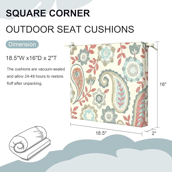 DYTXIII Set of 2 Outdoor Chair Cushions, Water Resistant 18.5"x16"x2" Square Seat Cushion for Patio Dining Chairs, High-Density Replacement Pads for Indoor Outdoor Furniture - Paisley Vintage