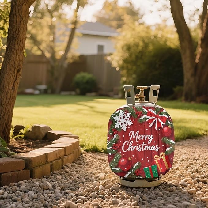 Merry Christmas Propane Tank Cover 20lb Christmas Gas Tank Cylinder Cover for Outdoor Easy to Install RV Gas Cylinder Storage Pocket for Yard Party RV Travel Trailer
