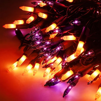 Orange&Purple Halloween Lights, 100 Count, Incandescent Mini Halloween String Lights Outdoor, Black Wire Connectable Tree Light for Garland Xmas Thanksgiving Holiday Patio Home Decor