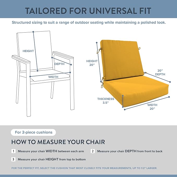 California Umbrella Outdoor Dining Chair, Patio Seat Cushion, 20 x 40 Inch, Premium Outdoor Memory Foam, Fade Resistant Sunbrella Fabric, Fabric Ties,Sunflower Yellow