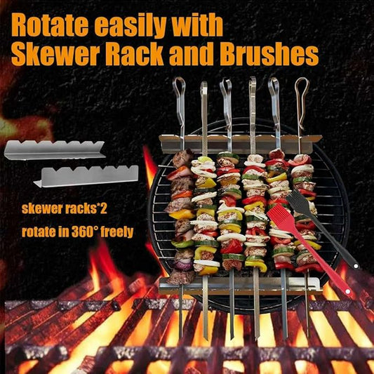 Fengzhe Kabob Skewers Stainless Steel 17-Inch BBQ Skewers with 2 Heavy-Duty Skewer Racks, Set of 10 Flat Metal Sticks & 2 Brushes, Reusable for Meat, Chicken, Vegetables, with Storage Bag