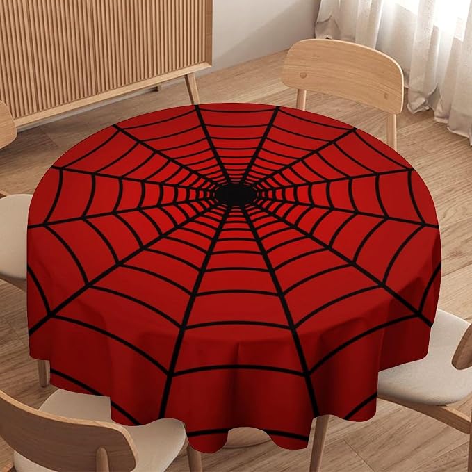 Spider Web Heros Tablecloth, Black Spiderweb Red Cobweb Circle Water Resistant Wipeable Table Cover for Picnic Party Holiday Kitchen Dinner Table 36"