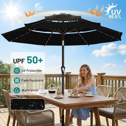 AreShark 9ft 3 Tiers Patio Umbrella with Solar Lights, Outdoor Umbrella w/ 32 LED Lights&8 Sturdy Ribs, Table Umbrella for Deck, Backyard, Pool (Black)