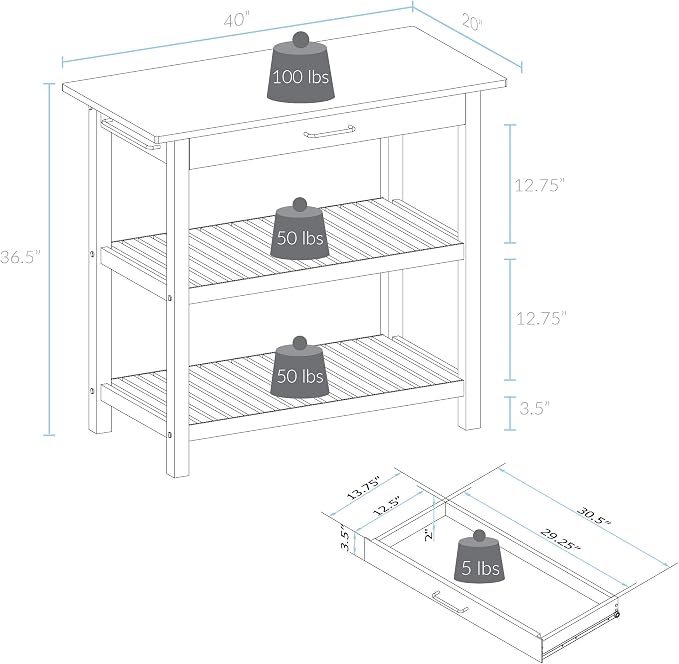 Casual Home Solid Wood Kitchen Island, Natural Maple Top, White Base (New) 40*20*36.5inch