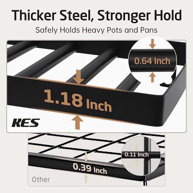 KES 75 lb High-Capacity Pot Rack Wall Mounted with Pot Lid Holder 34 Inch | Heavy Duty Pots and Pans Hanging Rack with 3X Thick One-Piece Frame & 20 Hooks, Drilling Template Provided, Matte Black