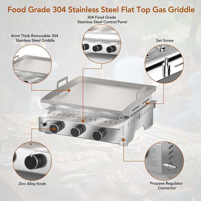 Electactic 3 Burner Tabletop Propane Gas Griddle,18 Inch Stainless Steel Detachable Propane Grill,24000 BTU Portable BBQ Griddle for Camping, Backyard or Outdoor Cooking