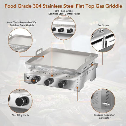 Electactic 3 Burner Tabletop Propane Gas Griddle,18 Inch Stainless Steel Detachable Propane Grill,24000 BTU Portable BBQ Griddle for Camping, Backyard or Outdoor Cooking