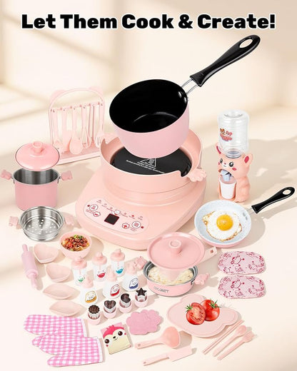 Mini Real Cooking Set for Teens ，42 PCS Electric Hot Plate Kit (Pink) | with Pot, Frying Pan, Steamer, Apron, Utensils and Accessories for Supervised Food Making
