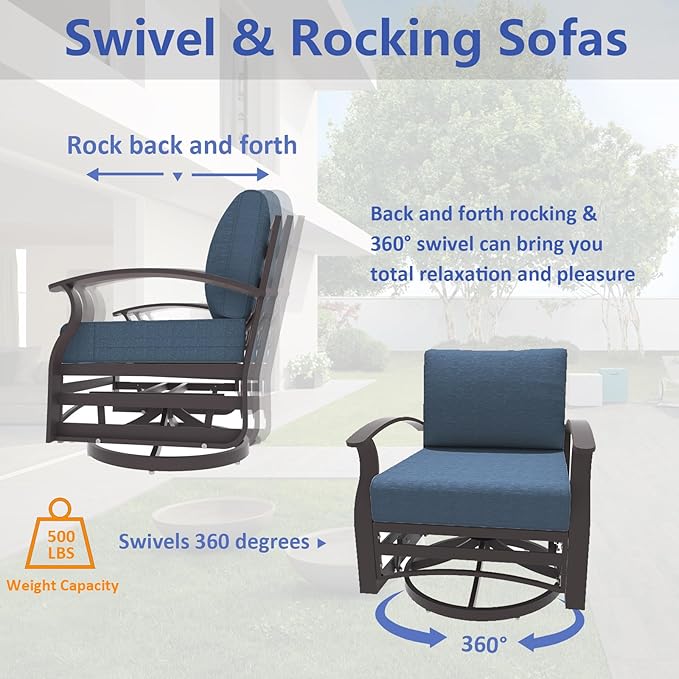 ALAULM Aluminum Patio Furniture Set with Coffee Table Rectangular, 5-seat Outdoor Sectional Furniture w/2 Swivel Chairs, Patio Conversation Set for Porch, Backyard,Blue