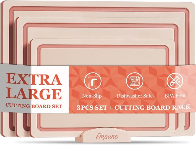 Empune 3-Piece Plastic Cutting Boards for Kitchen - Thick & Non-Slip Chopping Board Set with Juice Grooves, Dishwasher Safe, BPA Free, Includes Large & Small Sizes, Pink