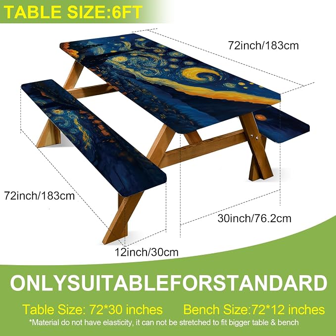 ANNA QUEEN Artistic Starry Night 6FT Picnic Table Cover with Bench Covers Set of 3 with Drawstring Bag, 72"x30" Waterproof Fitted Picnic Tablecloth & Bench Seat Covers for Outdoor Camping Patio