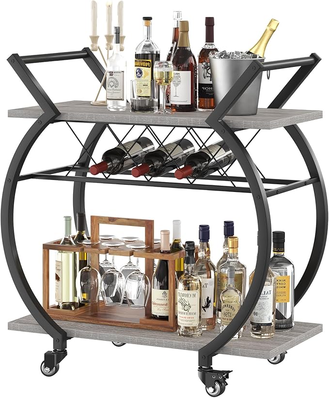 LVB Bar Carts for the Home, Industrial Wine Cart with Storage, Grey Oak | Modern Bar Cart with Wine Rack, Beverage Rolling Kitchen Serving Cart, Wooden Microwave Drink Liquor Cart for Dining Room