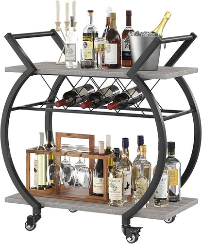 LVB Bar Carts for the Home, Industrial Wine Cart with Storage, Grey Oak | Modern Bar Cart with Wine Rack, Beverage Rolling Kitchen Serving Cart, Wooden Microwave Drink Liquor Cart for Dining Room