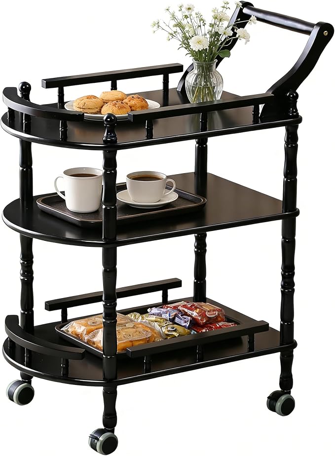 Entertainment Kitchen Cart, Midcentury Modern Imported rubberwood Black Finished Wood 3-Tier Mobile Bar Cart Serving Cart