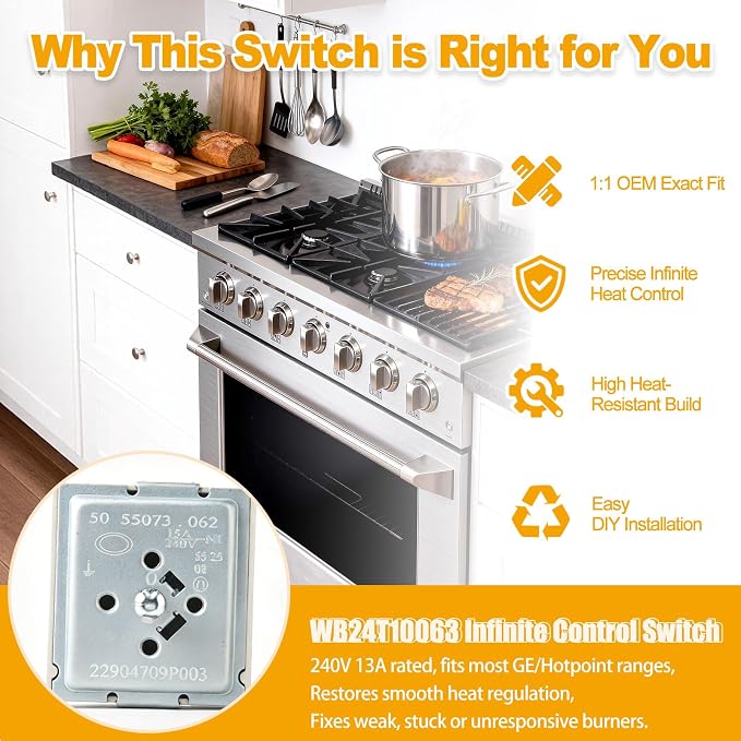 WB24T10063 Dual Burner Infinite Switch for GE Electric Range Stove Surface Element Control Replacement Part Replaces AP3189829 PS236785 WB24T10015