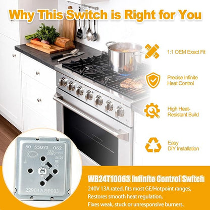 WB24T10063 Dual Burner Infinite Switch for GE Electric Range Stove Surface Element Control Replacement Part Replaces AP3189829 PS236785 WB24T10015