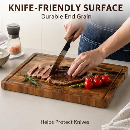 Walnut Cutting Board for Kitchen, Checkered End Grain Wood Cutting Board, Butcher Block with Juice Groove, Handle & Non-Slip Feet, Large Charcuterie Board for Meat, BBQ & Serving