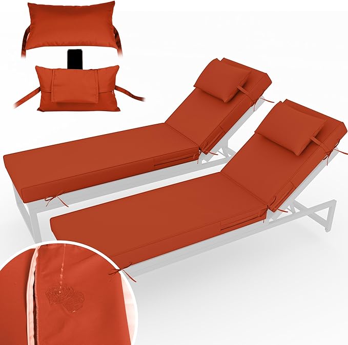 Chaise Lounge Cushions Outdoor Set of 2 Lounge Chair Cushion 80" L x 26" W with Headrest Straps 3'' Thick Waterproof Patio Chaise Cushions Pool Lounger Chair Cushion(Brick red)