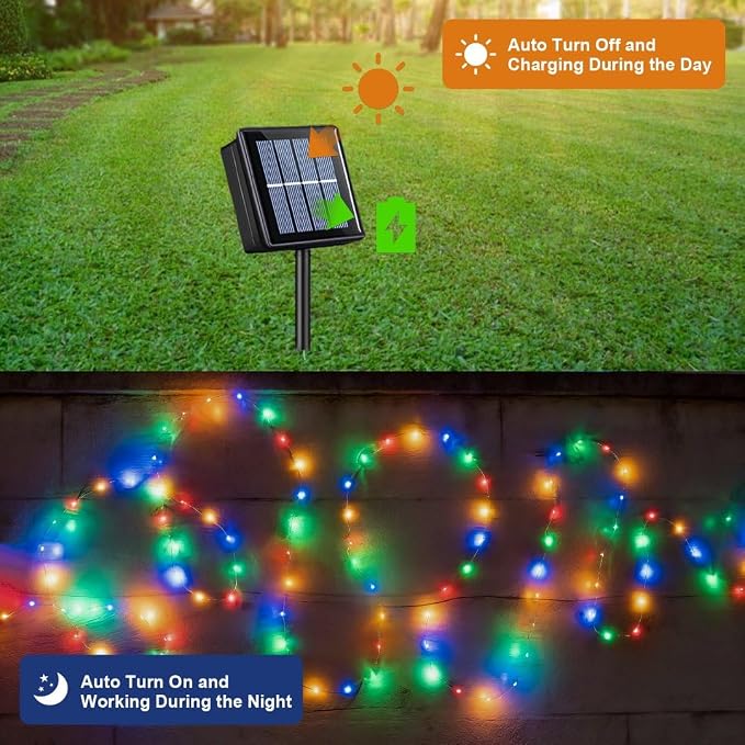 QITONG Multicolor Solar Fairy Lights, 2 Pack Each 66ft 200 LED String Lights Outdoor, Silver Wire Solar Christmas Lights with 8 Modes