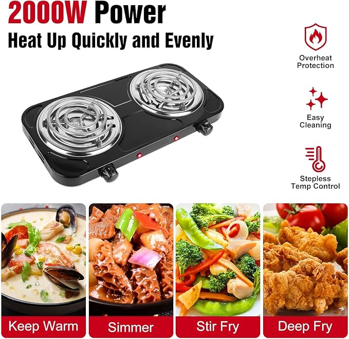 2000W Electric Double Burner, Portable Coil Heating Hot Plate Stove, Countertop Cooker with 5 Temperature Adjustments & Non Slip Rubber Feet for RV Kitchen (black)