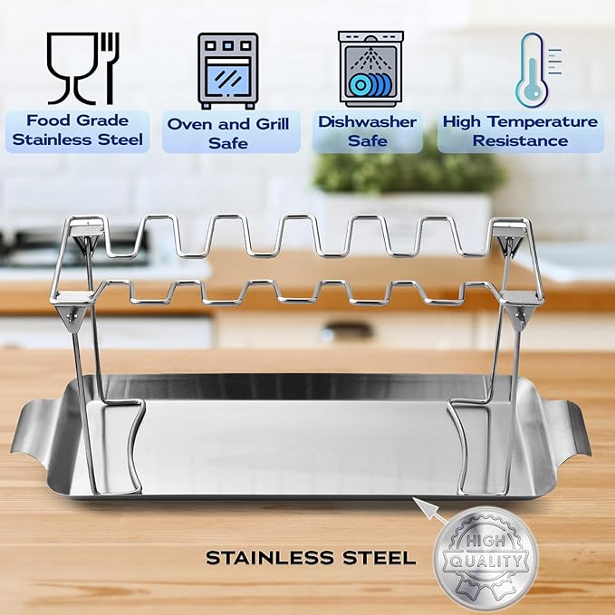 RTT Chicken Leg Rack for Grill with Drip Tray - Easy to Use 12 Slots Chicken Wing Rack - Premium Stainless Steel Chicken Drumstick Rack for Smoker - Chicken Drumstick Holder for Grill Accessories