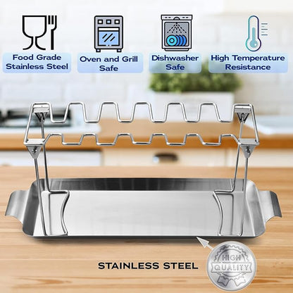 RTT Chicken Leg Rack for Grill with Drip Tray - Easy to Use 12 Slots Chicken Wing Rack - Premium Stainless Steel Chicken Drumstick Rack for Smoker - Chicken Drumstick Holder for Grill Accessories