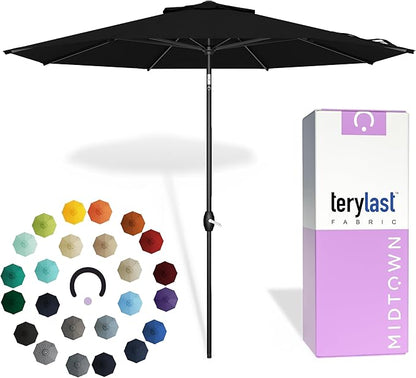 Midtown Umbrellas - 10-Year-No-Fade 9 Ft Patio Umbrella with Terylast Fabric, Auto-Tilt Aluminum Frame and 8 Reinforced Ribs for Deck, Pool, Garden & Beach - Ebony Black Canopy, Black Pole