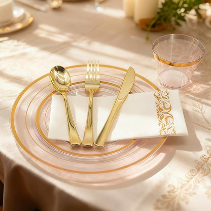 AIRE 175PCS Pink Gold Plastic Plates for Party Dinnerware Sets for 25 Guests, Disposable Plastic Party Supplies Plates, Cups, Spoons, Forks, Knives, Napkins for Wedding Birthday BBQ Christmas Parties
