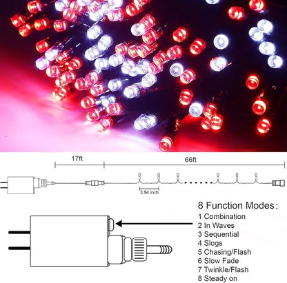 HOME LIGHTING 66ft Valentines Decorative Mini Lights, 200 LED Green Wire Fairy String Lights Plug in, 8 Lighting Mode, for Indoor Outdoor Christmas Tree Wedding Party Garden Decor (Red & White)