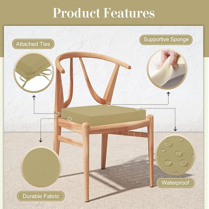 Cozyide Outdoor Chair Cushions, Waterproof Patio Seat Cushions with Adjustable Straps, Square Corner Patio Chair Cushions for Garden, Khaki, 18.5x16x3 Inch (Pack of 4)
