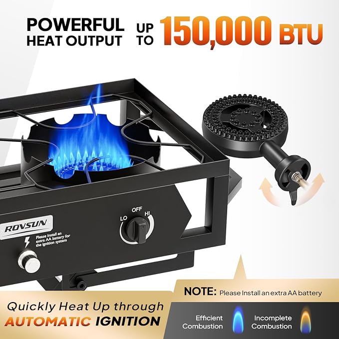 ROVSUN 2 Burner Foldable Gas Stove with Side Table, 150,000 BTU Portable Propane Stove with Ignition & Regulator for Camping Home Backyard Cooking Brewing Canning Turkey Frying