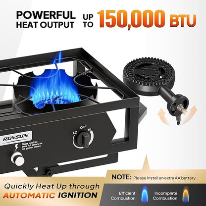 ROVSUN 2 Burner Foldable Gas Stove with Side Table, 150,000 BTU Portable Propane Stove with Ignition & Regulator for Camping Home Backyard Cooking Brewing Canning Turkey Frying
