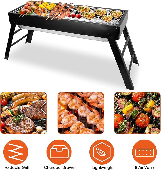 KOCASO Foldable Charcoal BBQ Grill Stainless Steel Grill Net Easy Setup Portable Tabletop Barbecue Grill for Camping Picnic Outdoor Party Backyard